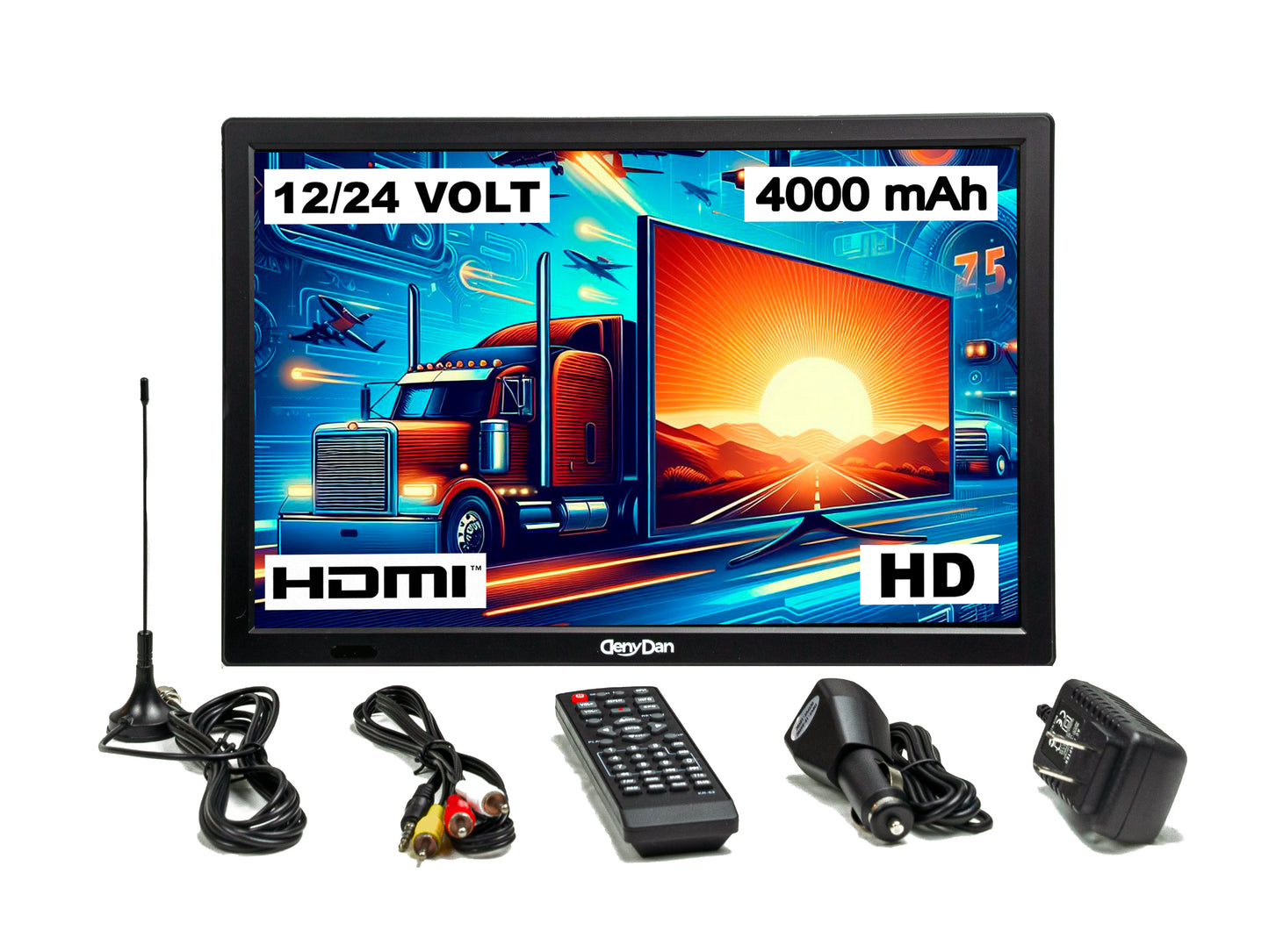 DenyDan 16″ Portable TV 12/24/110V for Car/RV & Camping — 1080p, 6-Hours Battery, HDMI/USB/SD/AV, Antenna