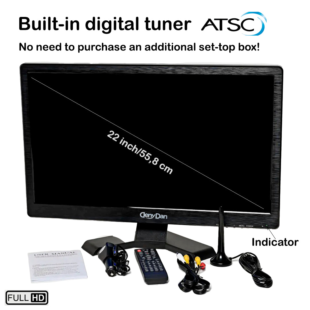 DenyDan 22″ Portable TV 12/24/110V Perfect for Car/RV & Camper— 1080p, HDMI/USB/SD/AV, Antenna
