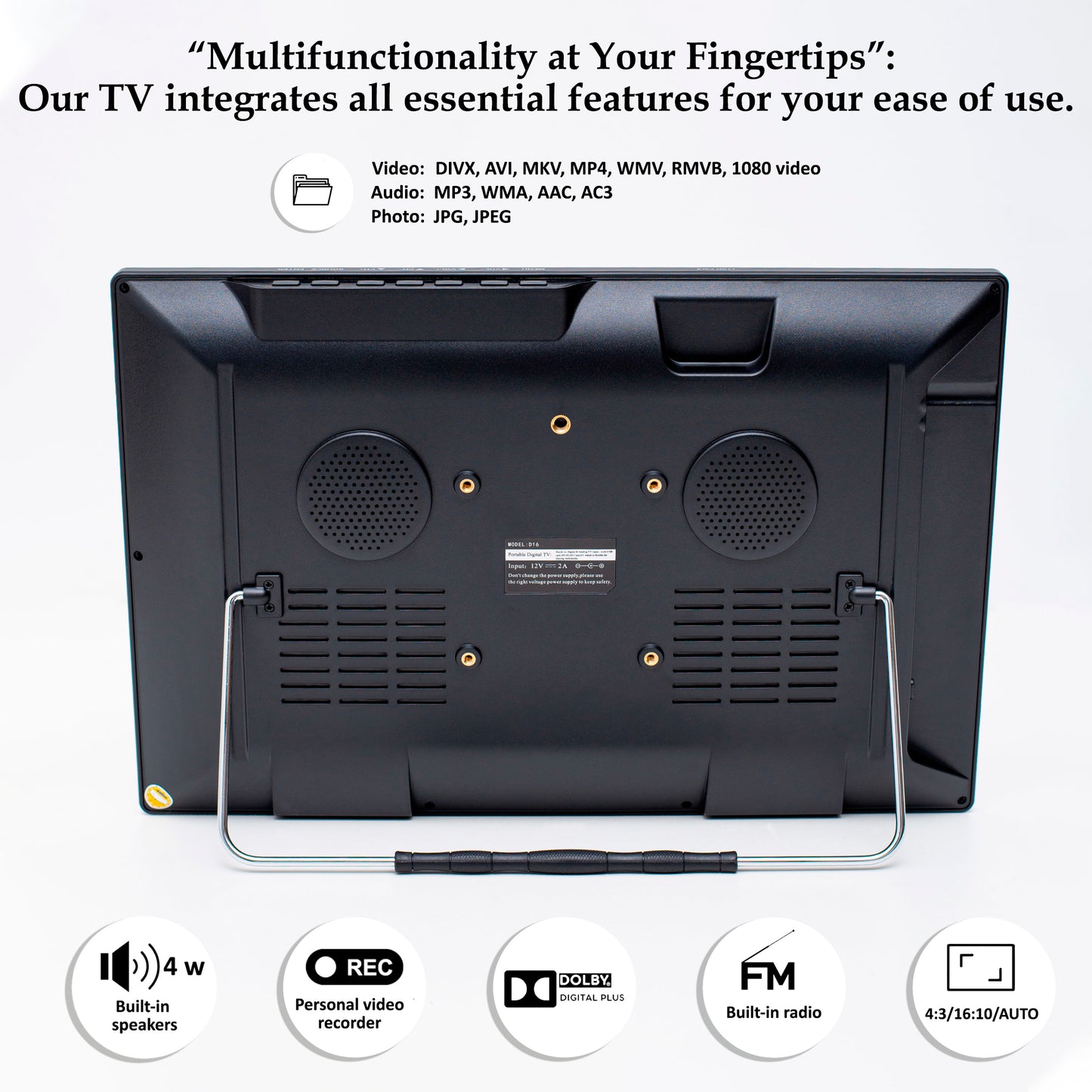 DenyDan 16″ Portable TV 12/24/110V for Car/RV & Camping — 1080p, 6-Hours Battery, HDMI/USB/SD/AV, Antenna