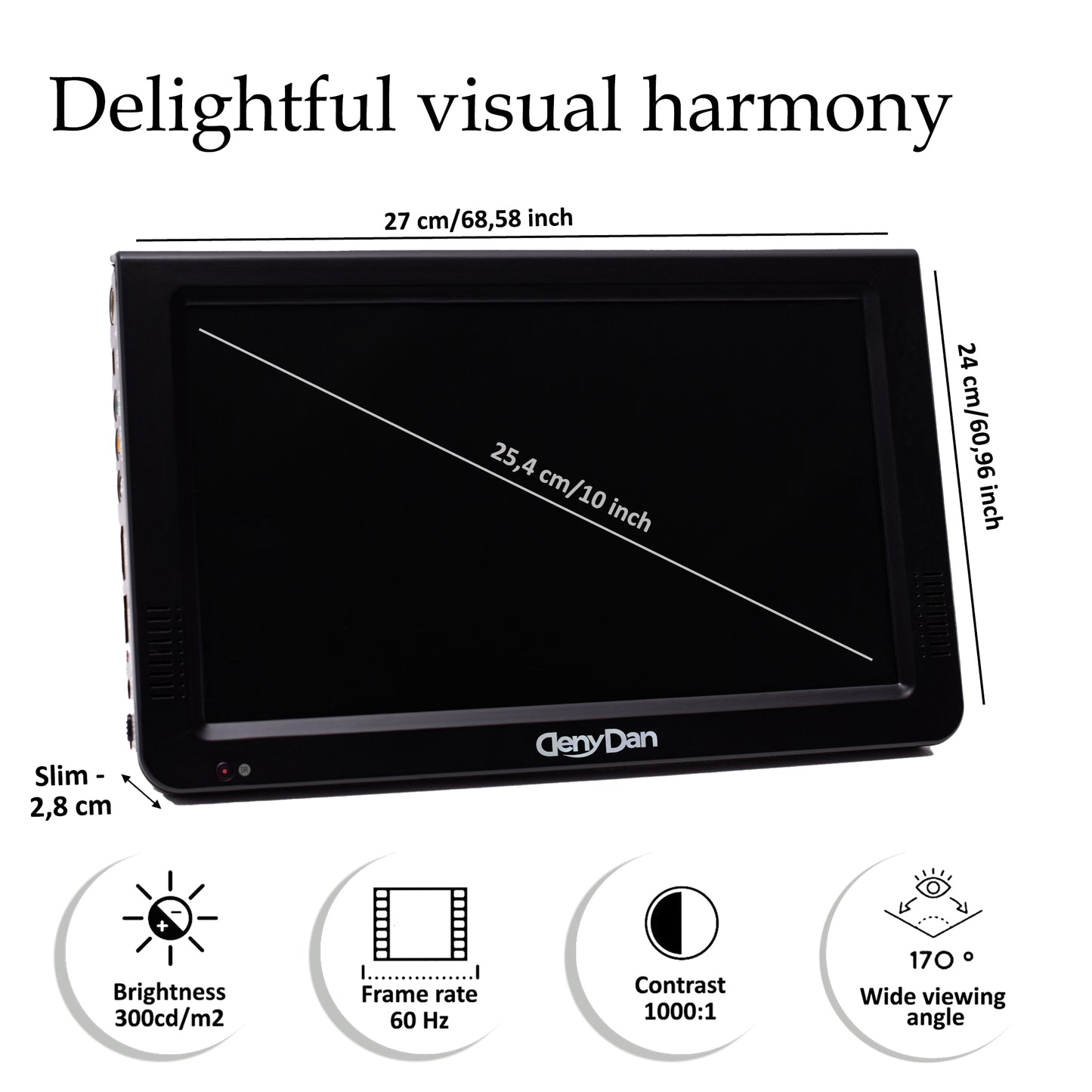 DenyDan 10″ Portable TV 12/24/110V Perfect for Car/RV & Camper— 1080p, 6-Hours Battery, HDMI/USB/SD/AV, Antenna