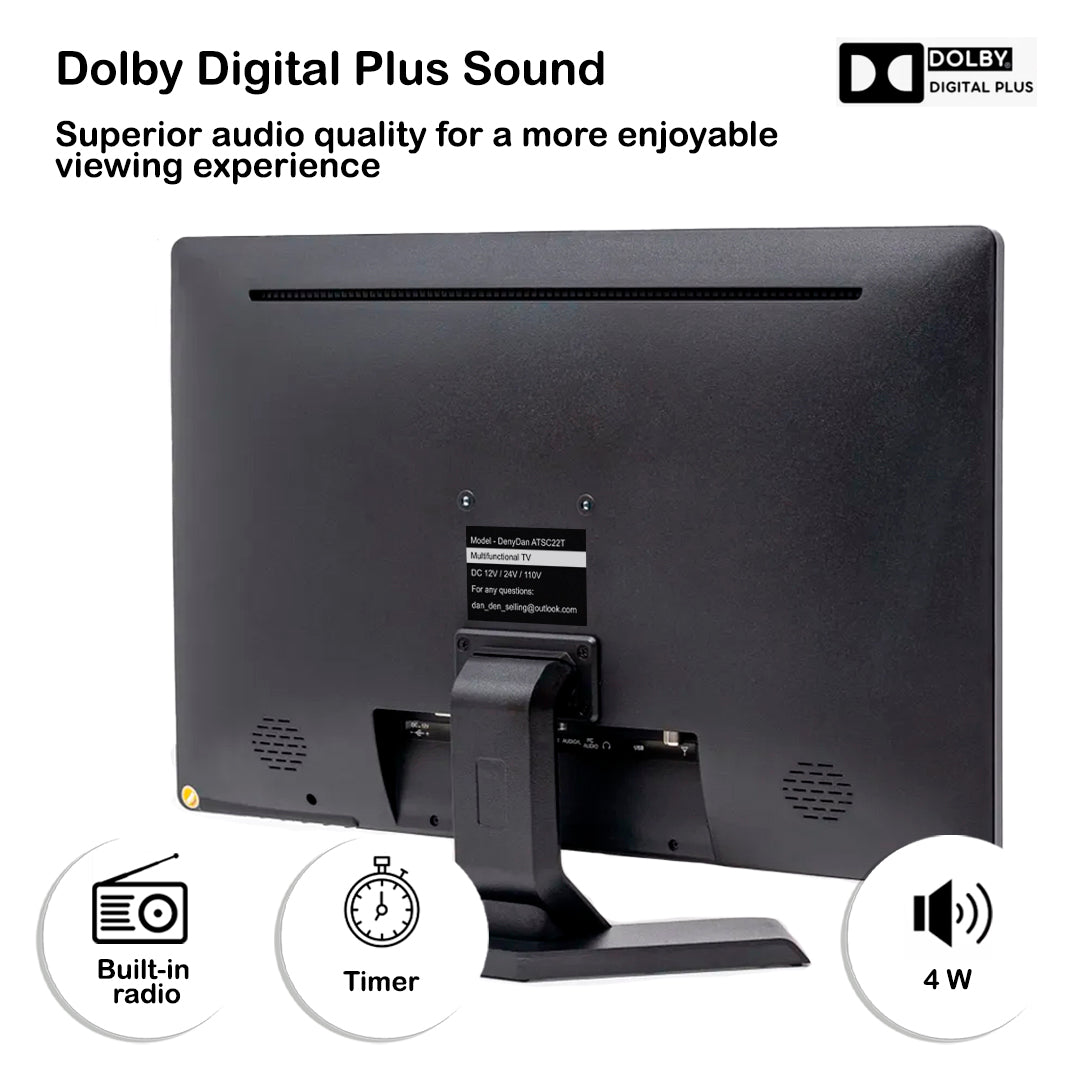 DenyDan 22″ Portable TV 12/24/110V Perfect for Car/RV & Camper— 1080p, HDMI/USB/SD/AV, Antenna