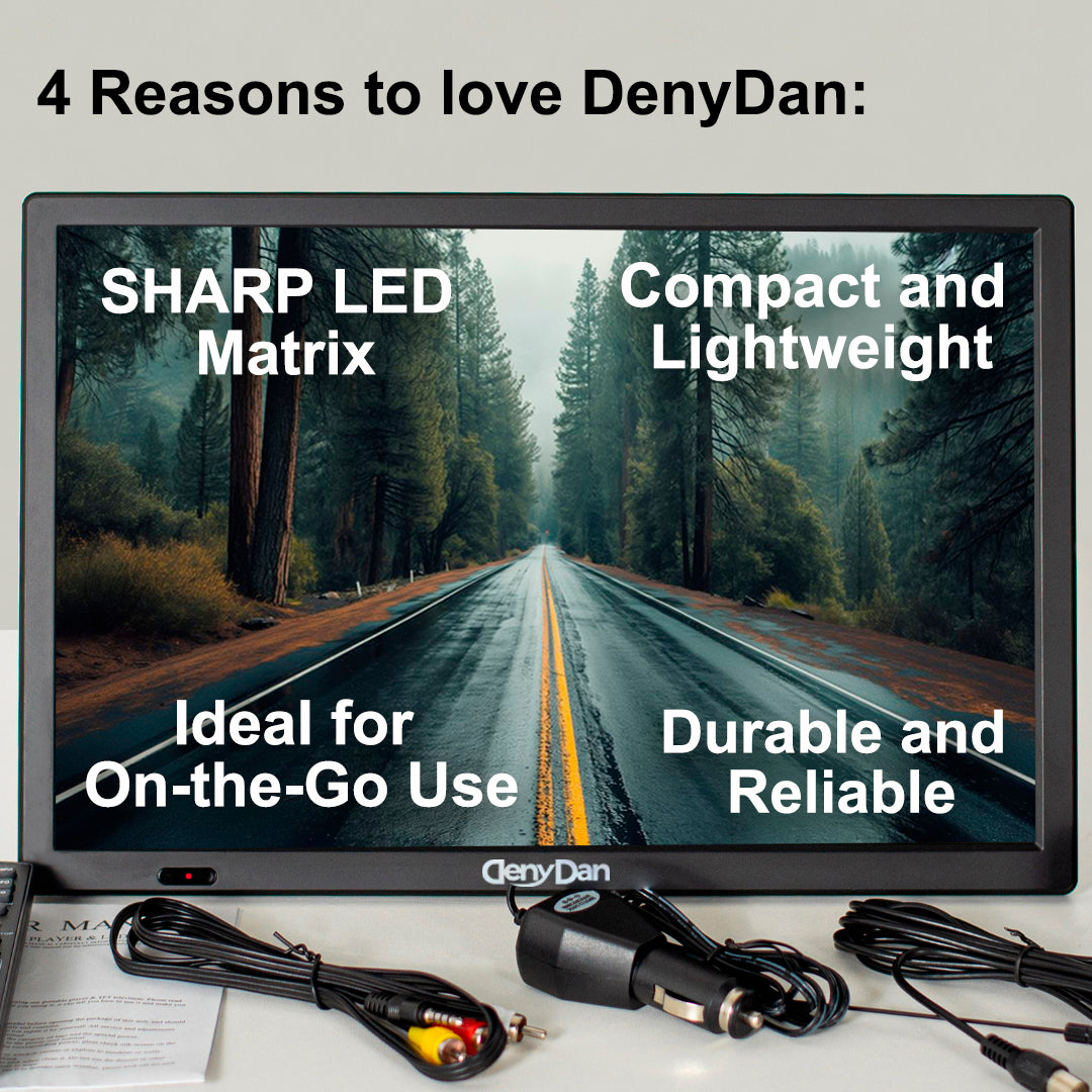 DenyDan 16″ Portable TV 12/24/110V for Car/RV & Camping — 1080p, 6-Hours Battery, HDMI/USB/SD/AV, Antenna