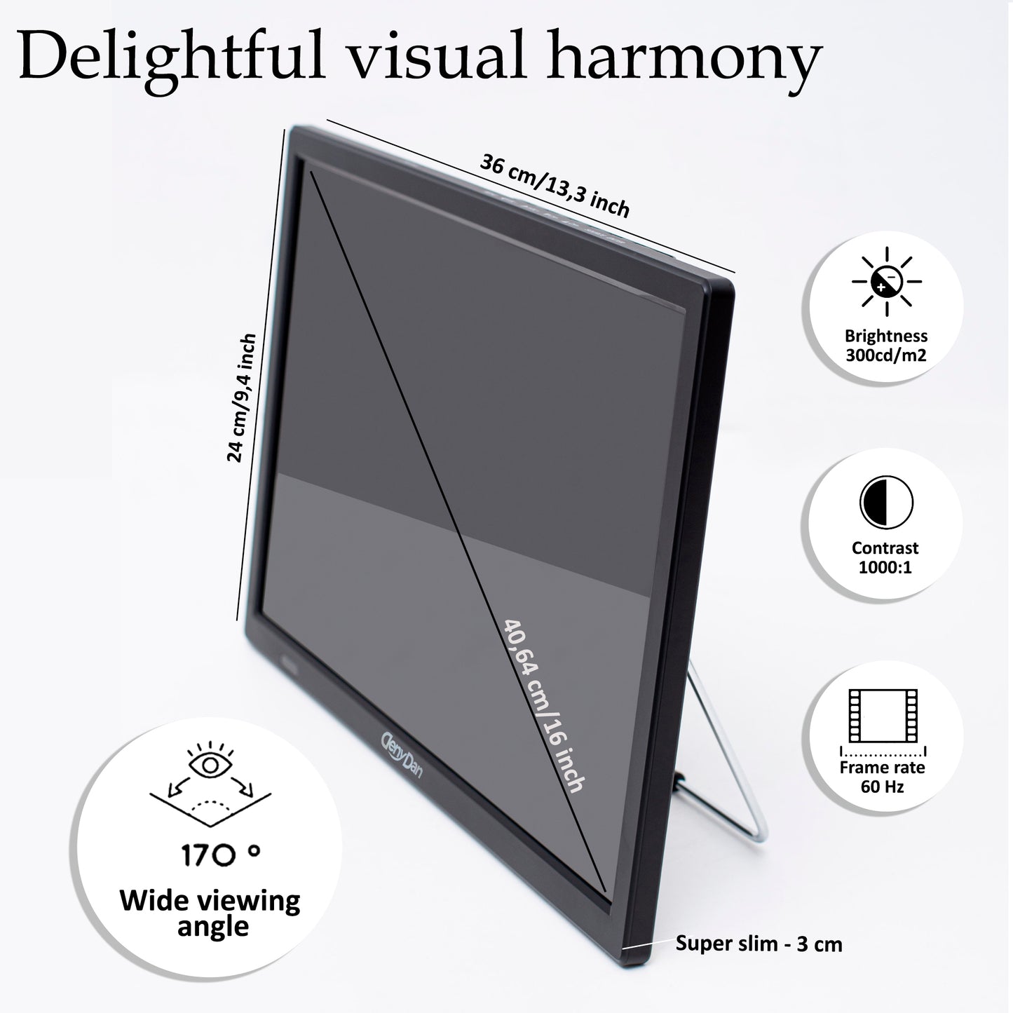 DenyDan 16″ Portable TV 12/24/110V for Car/RV & Camping — 1080p, 6-Hours Battery, HDMI/USB/SD/AV, Antenna