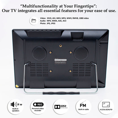 DenyDan 16″ Portable TV 12/24/110V for Car/RV & Camping — 1080p, 6-Hours Battery, HDMI/USB/SD/AV, Antenna