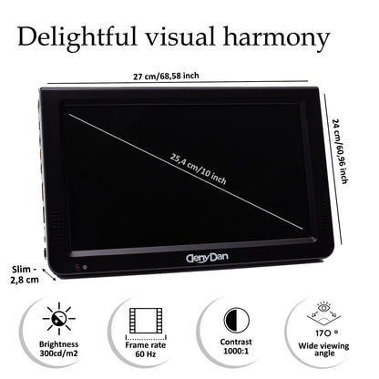 DenyDan 10″ Portable TV 12/24/110V Perfect for Car/RV & Camper— 1080p, 6-Hours Battery, HDMI/USB/SD/AV, Antenna