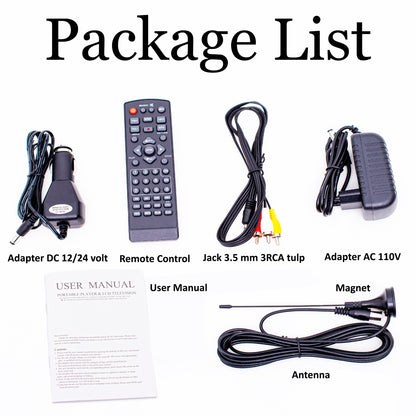 DenyDan 16″ Portable TV 12/24/110V for Car/RV & Camping — 1080p, 6-Hours Battery, HDMI/USB/SD/AV, Antenna