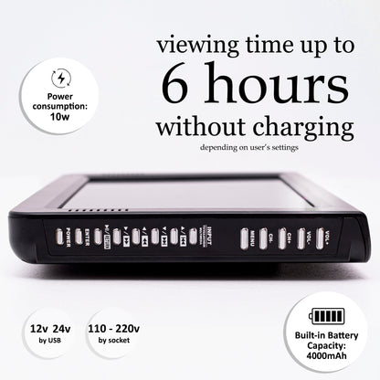 DenyDan 10″ Portable TV 12/24/110V Perfect for Car/RV & Camper— 1080p, 6-Hours Battery, HDMI/USB/SD/AV, Antenna