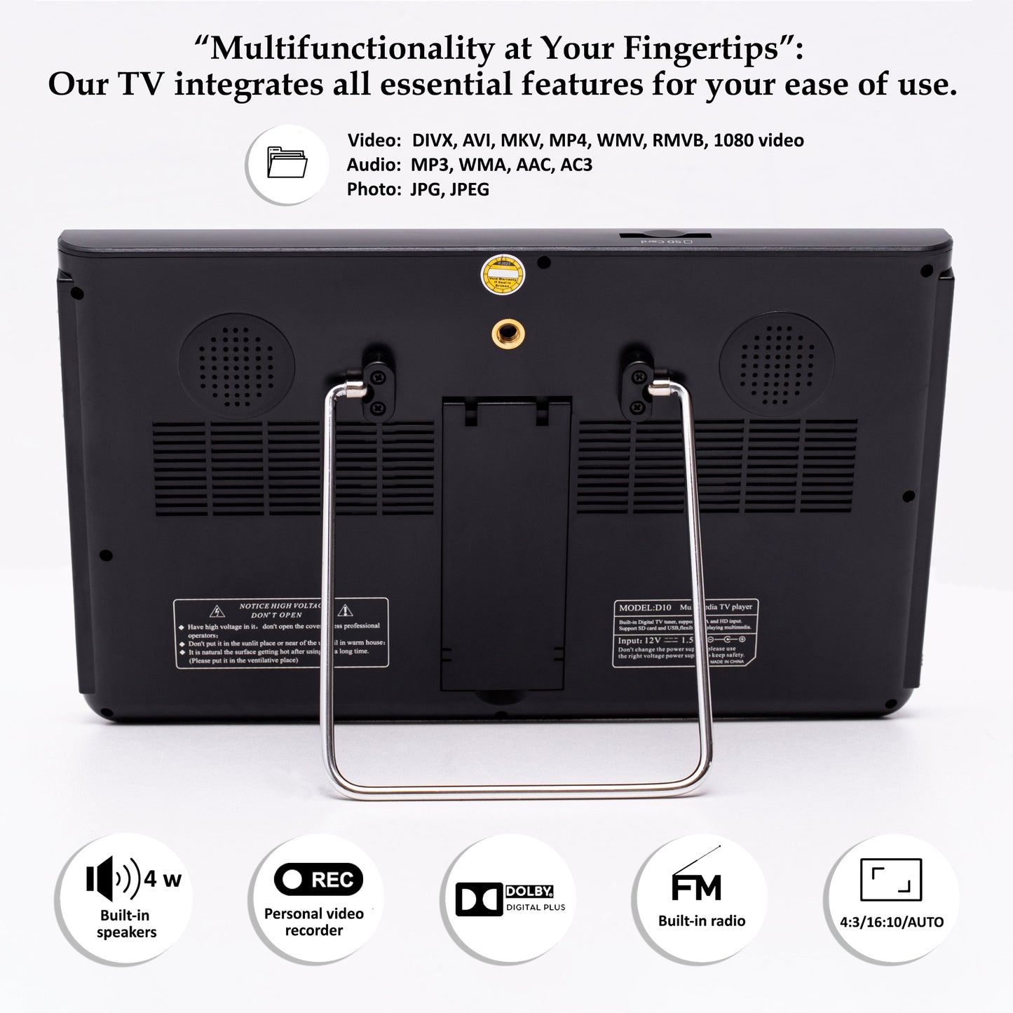 DenyDan 10″ Portable TV 12/24/110V Perfect for Car/RV & Camper— 1080p, 6-Hours Battery, HDMI/USB/SD/AV, Antenna