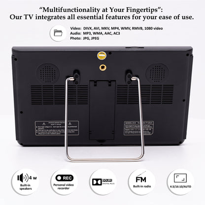 DenyDan 10″ Portable TV 12/24/110V Perfect for Car/RV & Camper— 1080p, 6-Hours Battery, HDMI/USB/SD/AV, Antenna