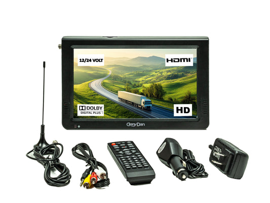 DenyDan 10″ Portable TV 12/24/110V Perfect for Car/RV & Camper— 1080p, 6-Hours Battery, HDMI/USB/SD/AV, Antenna